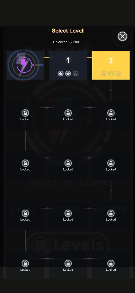 Level select — 200 hand-crafted levels